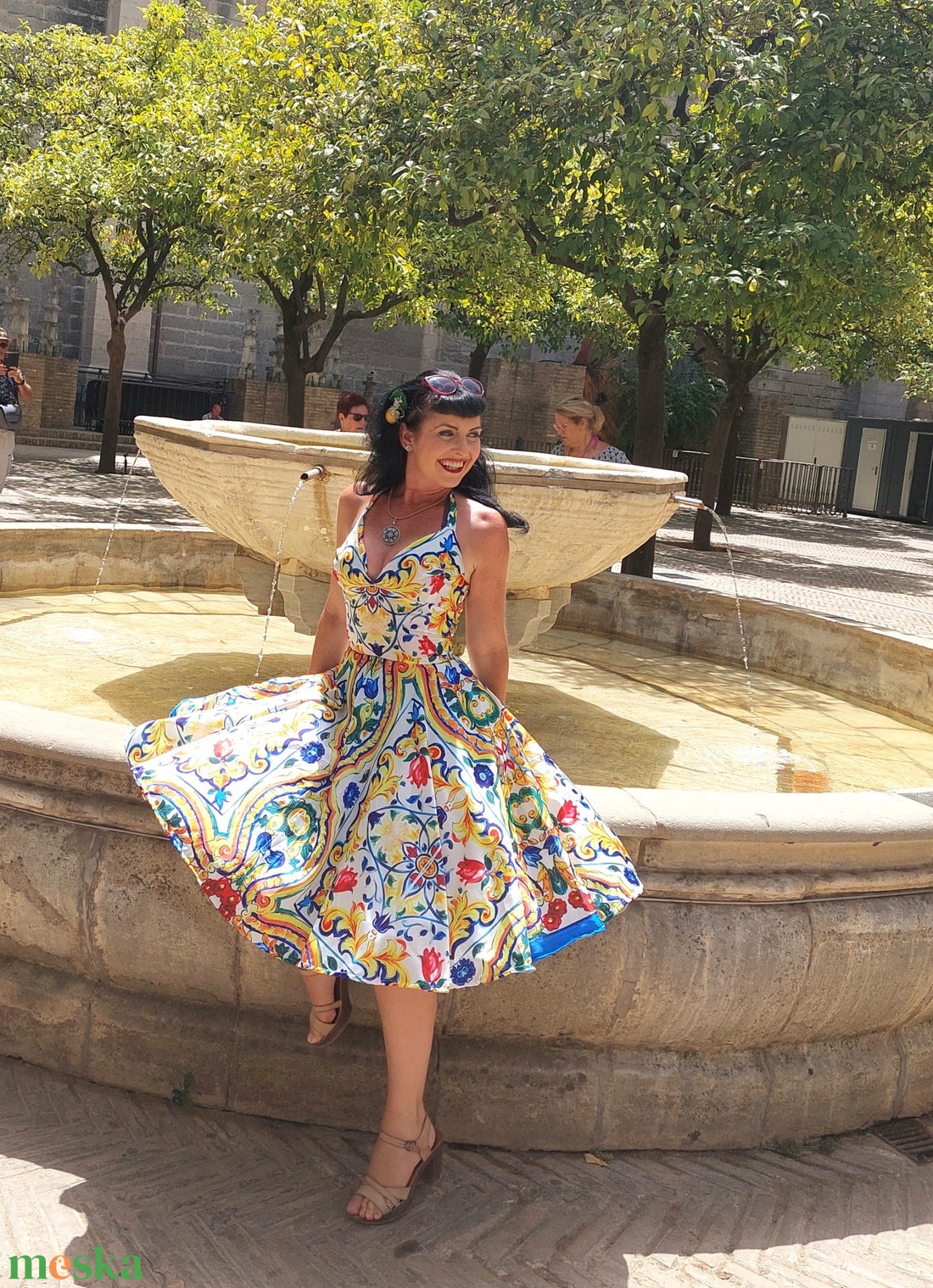 Pinup Rockabilly ruha, majolica, azulejo csempe mintás  - ruha & divat - női ruha - ruha - Meska.hu