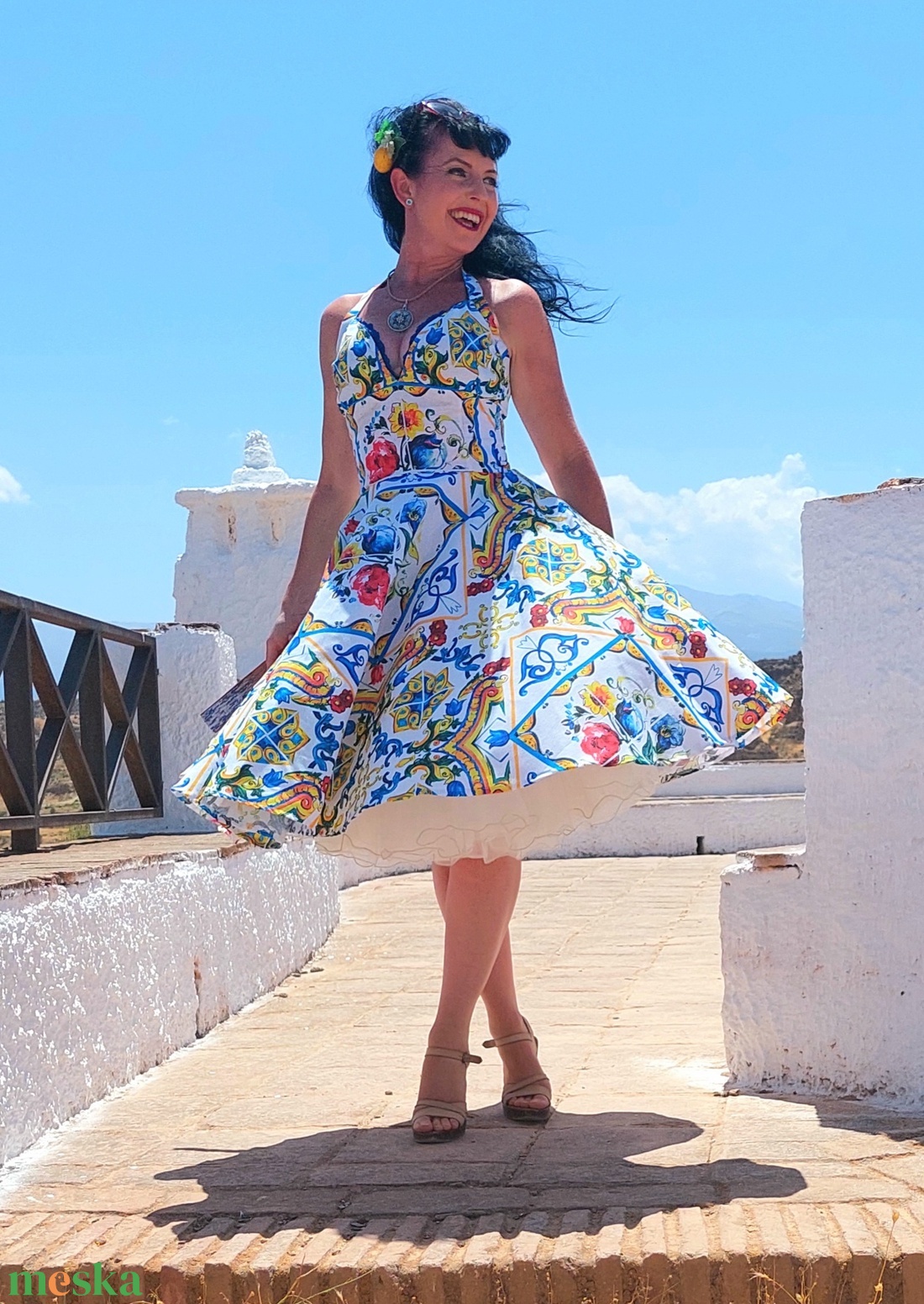 Pinup Rockabilly ruha, majolica, azulejo csempe mintás  - ruha & divat - női ruha - ruha - Meska.hu