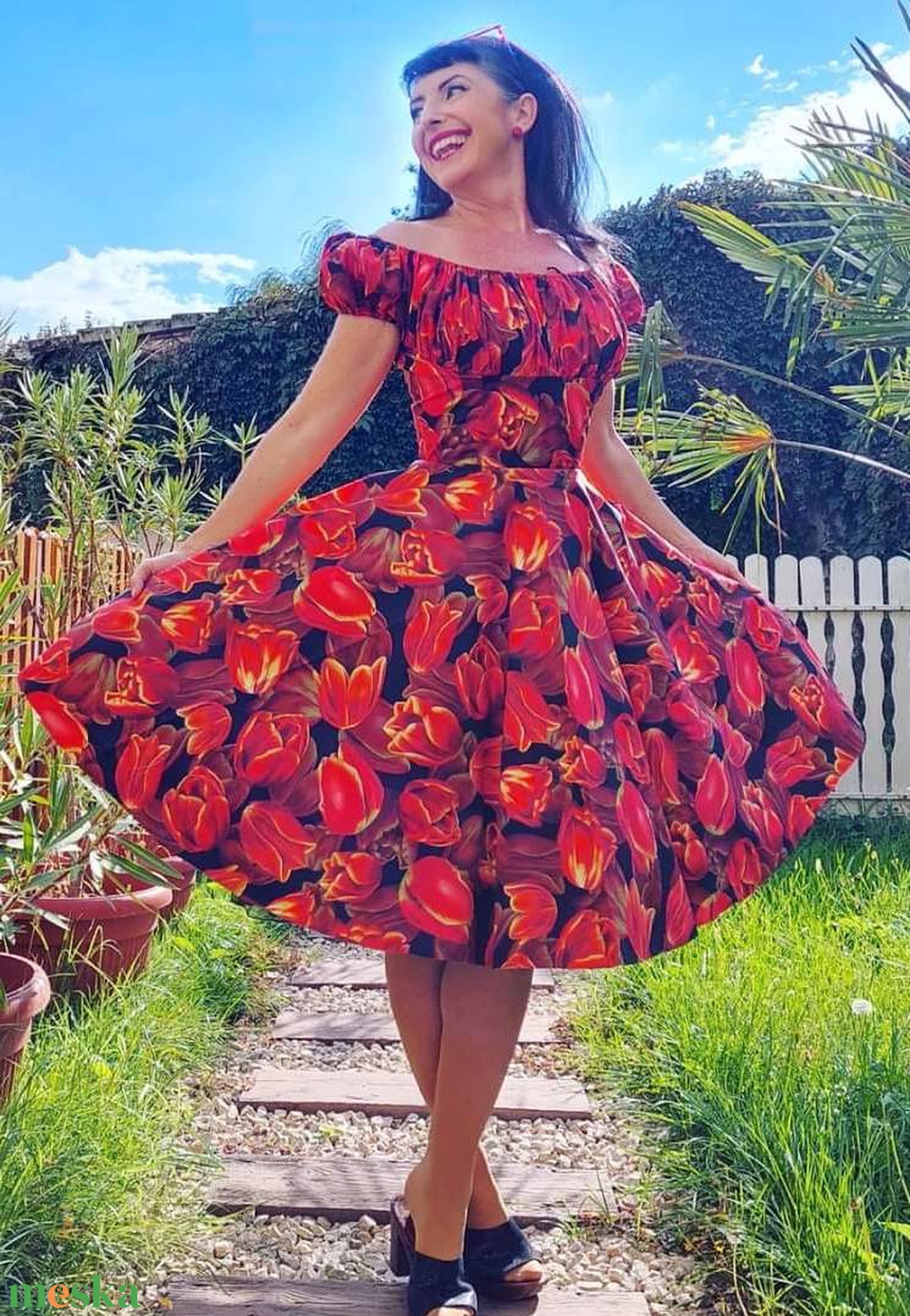 Pinup Rockabilly ruha tulipan mintás,  romantikus puffos ujjú   - ruha & divat - női ruha - ruha - Meska.hu