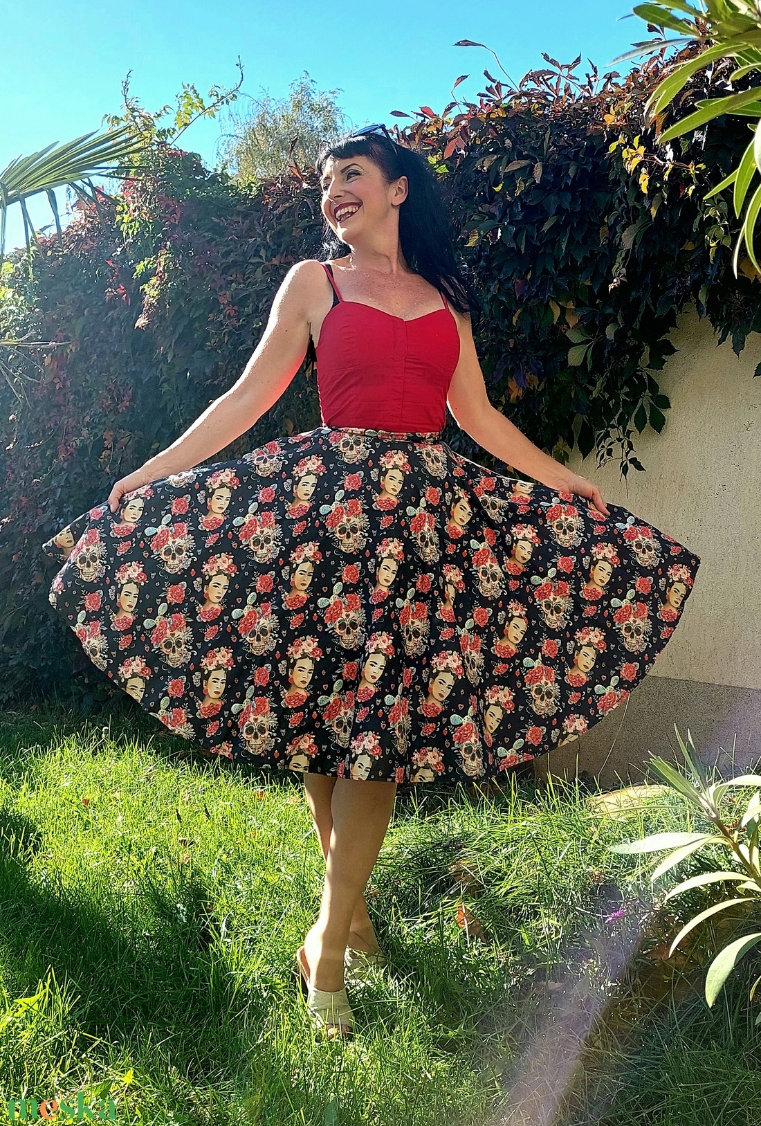 Folk Rockabilly szoknya Frida, mexikói koponyás sugarskull  - ruha & divat - női ruha - szoknya - Meska.hu