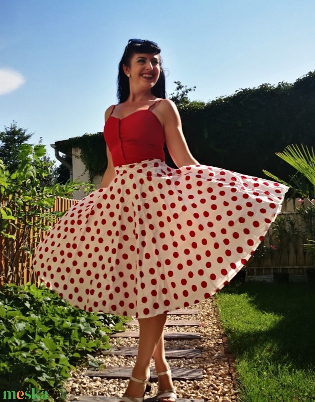 Folk Rockabilly szoknya pöttyös, piros fehér  - ruha & divat - női ruha - szoknya - Meska.hu