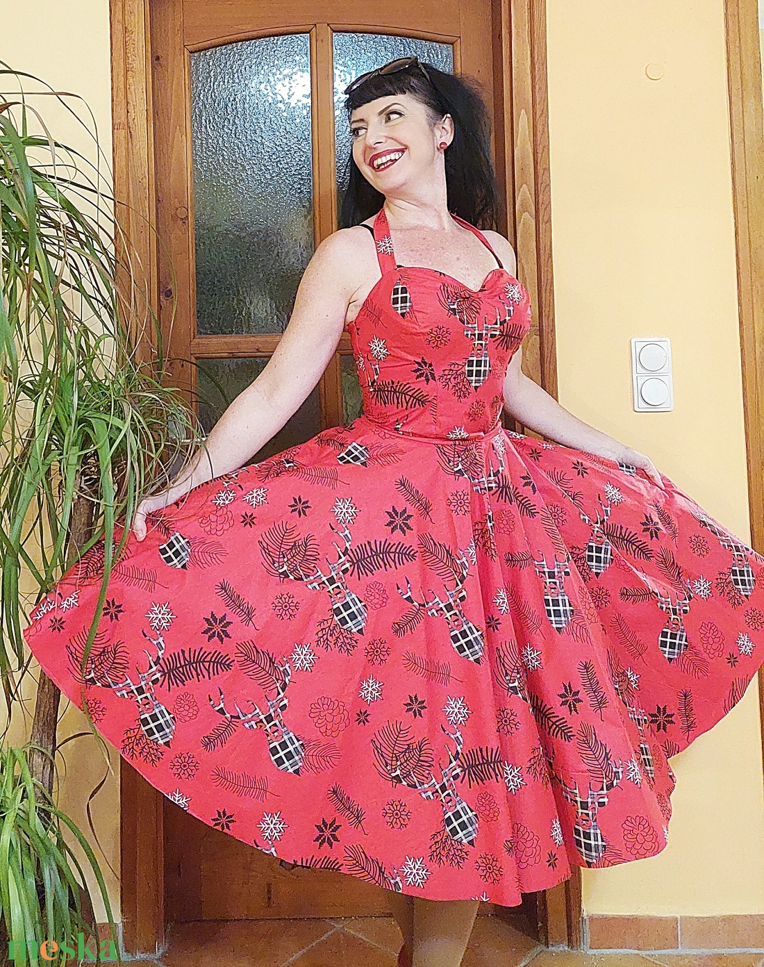 Pinup Rockabilly ruha, LIMITÁLT, szarvasok, skótkockás karácsonyi mintás piros hópehely  - ruha & divat - női ruha - ruha - Meska.hu