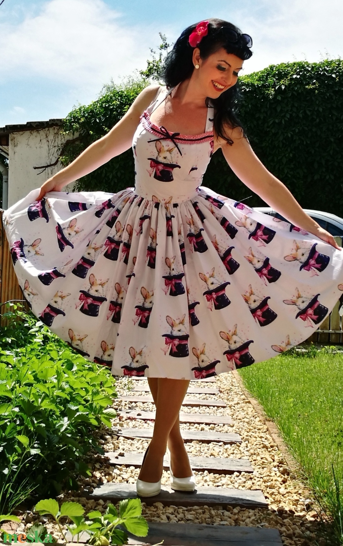 Pinup Rockabilly ruha nyuszi a kalapban mintás, virágos LIMITÁLT  - ruha & divat - női ruha - ruha - Meska.hu