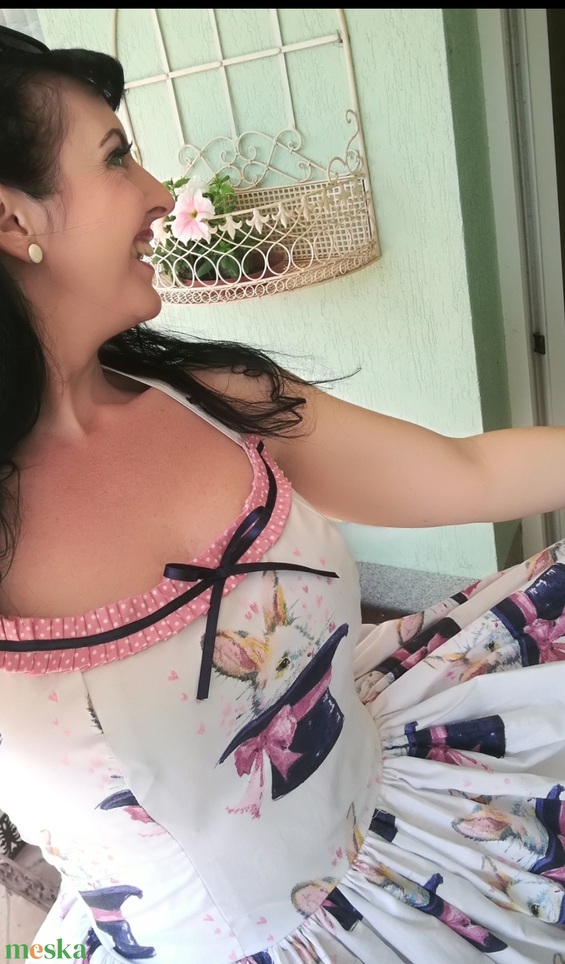 Pinup Rockabilly ruha nyuszi a kalapban mintás, virágos LIMITÁLT  - ruha & divat - női ruha - ruha - Meska.hu