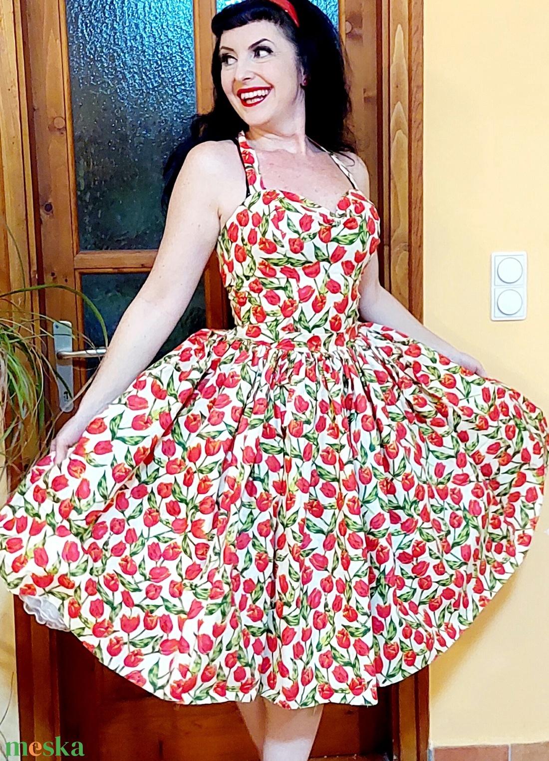Pinup Rockabilly ruha tulipános húzott derekú  - ruha & divat - női ruha - ruha - Meska.hu