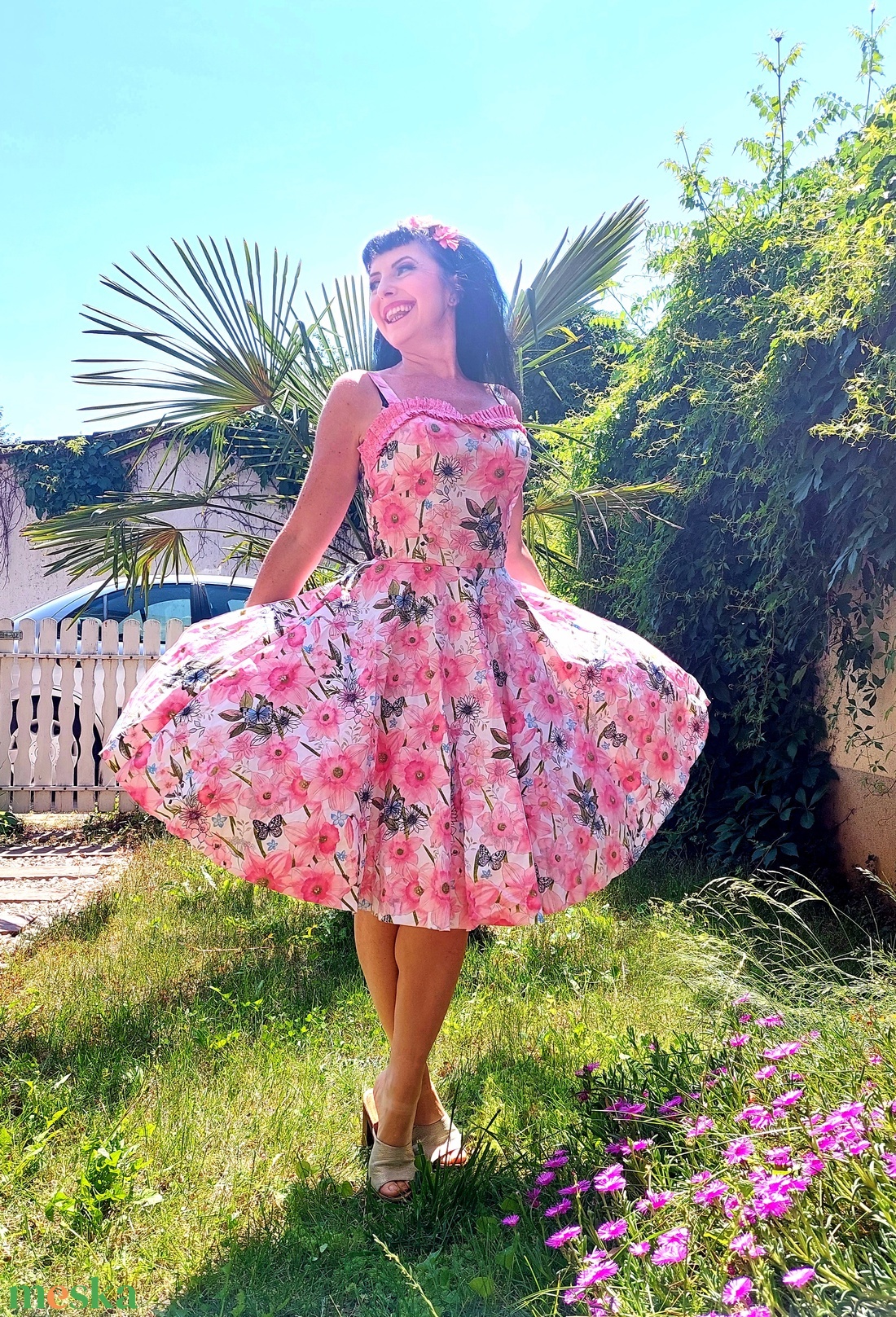 Rockabilly, pinup ruha rózsaszín Nárcisz mintás  - ruha & divat - női ruha - ruha - Meska.hu