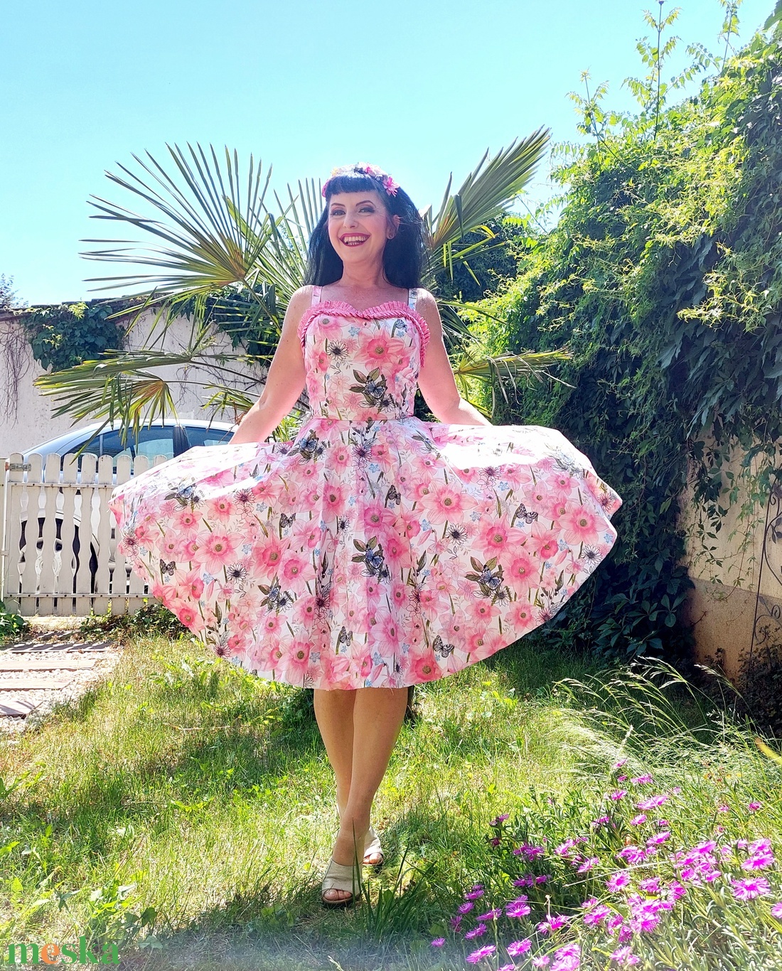 Rockabilly, pinup ruha rózsaszín Nárcisz mintás  - ruha & divat - női ruha - ruha - Meska.hu