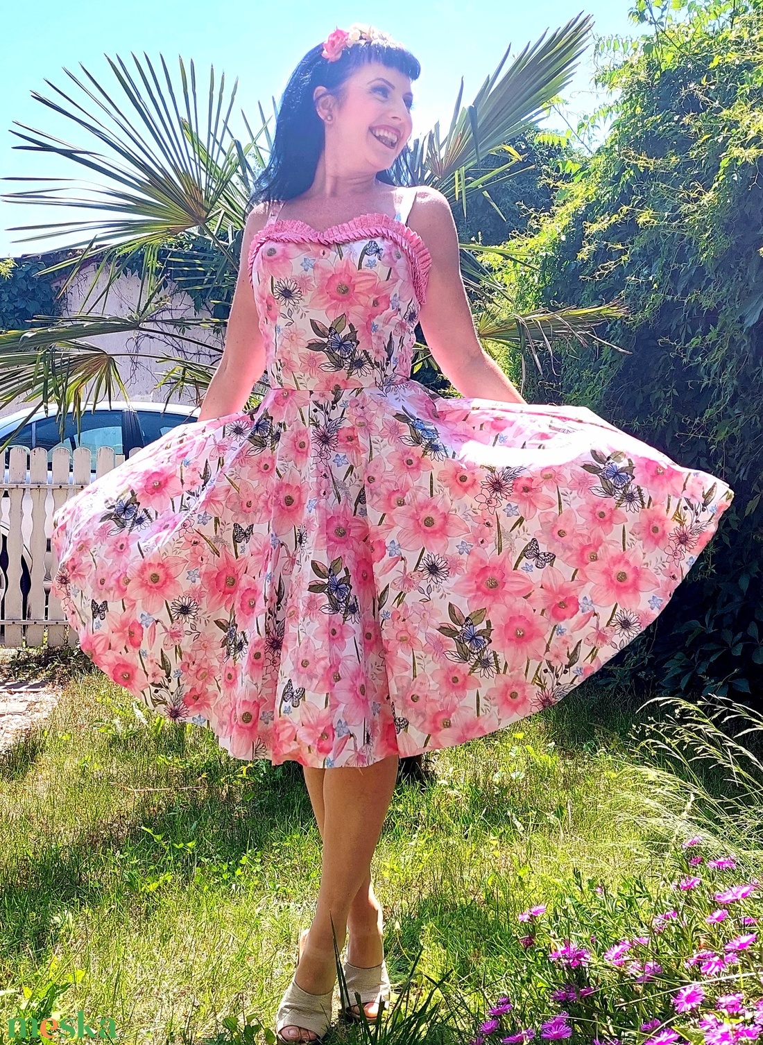 Rockabilly, pinup ruha rózsaszín Nárcisz mintás  - ruha & divat - női ruha - ruha - Meska.hu