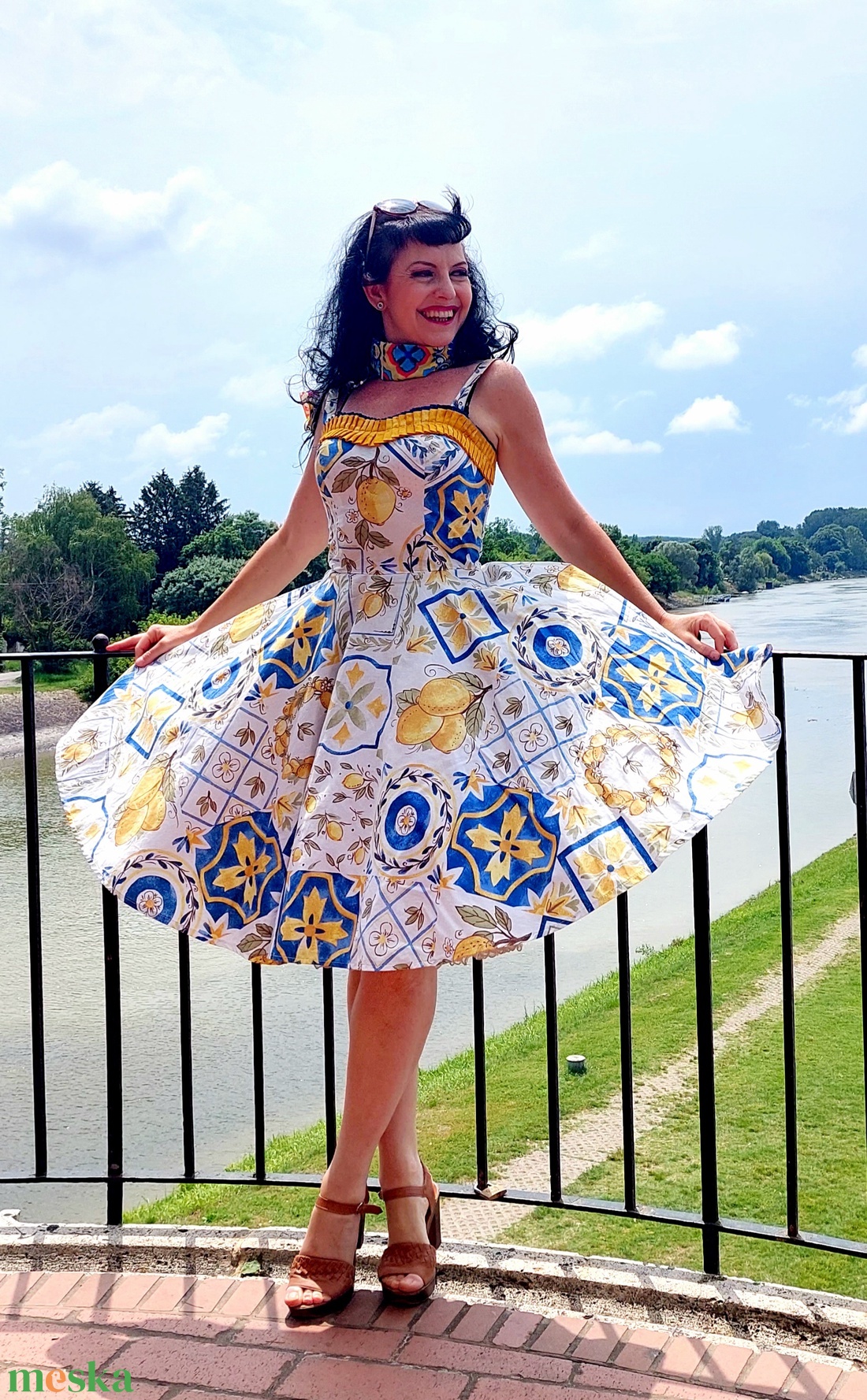 Pinup Rockabilly ruha,  citrom és azulejo portugál marokkói csempe mintás  - ruha & divat - női ruha - ruha - Meska.hu