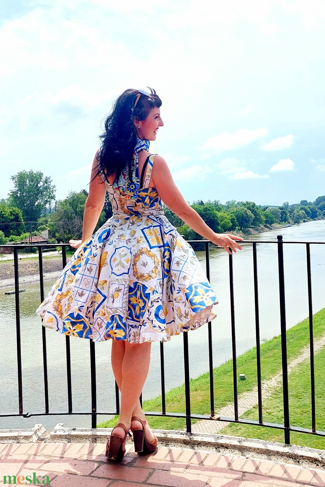 Pinup Rockabilly ruha,  citrom és azulejo portugál marokkói csempe mintás  - ruha & divat - női ruha - ruha - Meska.hu