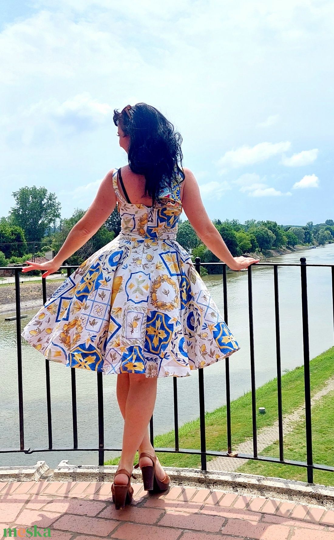 Pinup Rockabilly ruha,  citrom és azulejo portugál marokkói csempe mintás  - ruha & divat - női ruha - ruha - Meska.hu