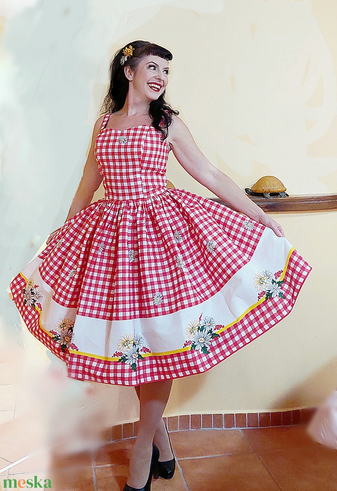 Pinup Rockabilly ruha piros fehér kockás,  százszorszép bordűrös,  country, romantikus  - ruha & divat - női ruha - ruha - Meska.hu