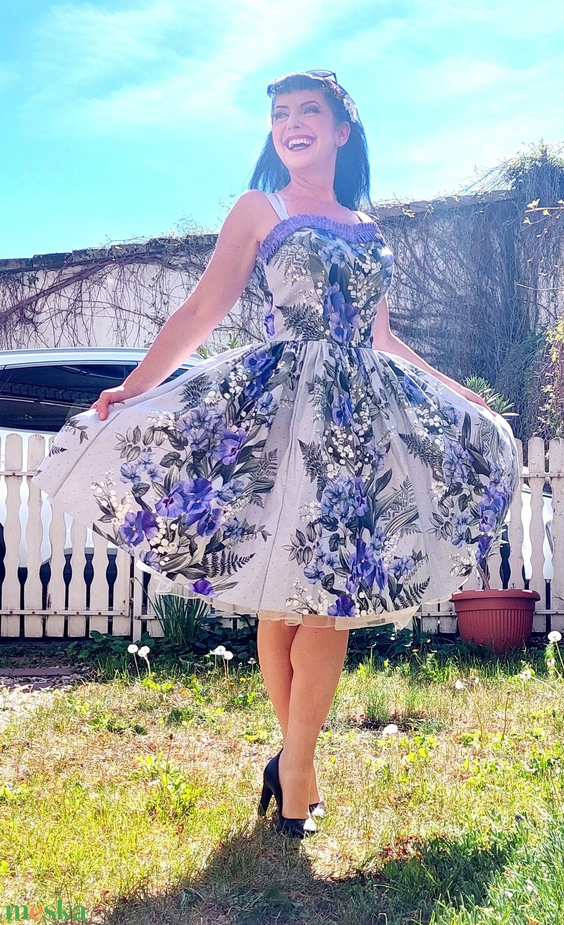 Pinup Rockabilly ruha, nefelejcs,  lila virág mintás  - ruha & divat - női ruha - ruha - Meska.hu