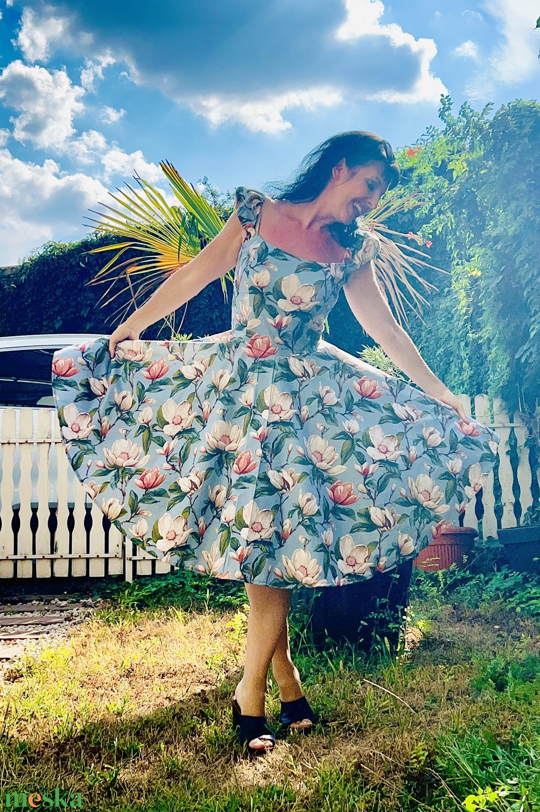 Rockabilly Pinup ruha, Magnolia kék alapon virág,  - ruha & divat - női ruha - ruha - Meska.hu