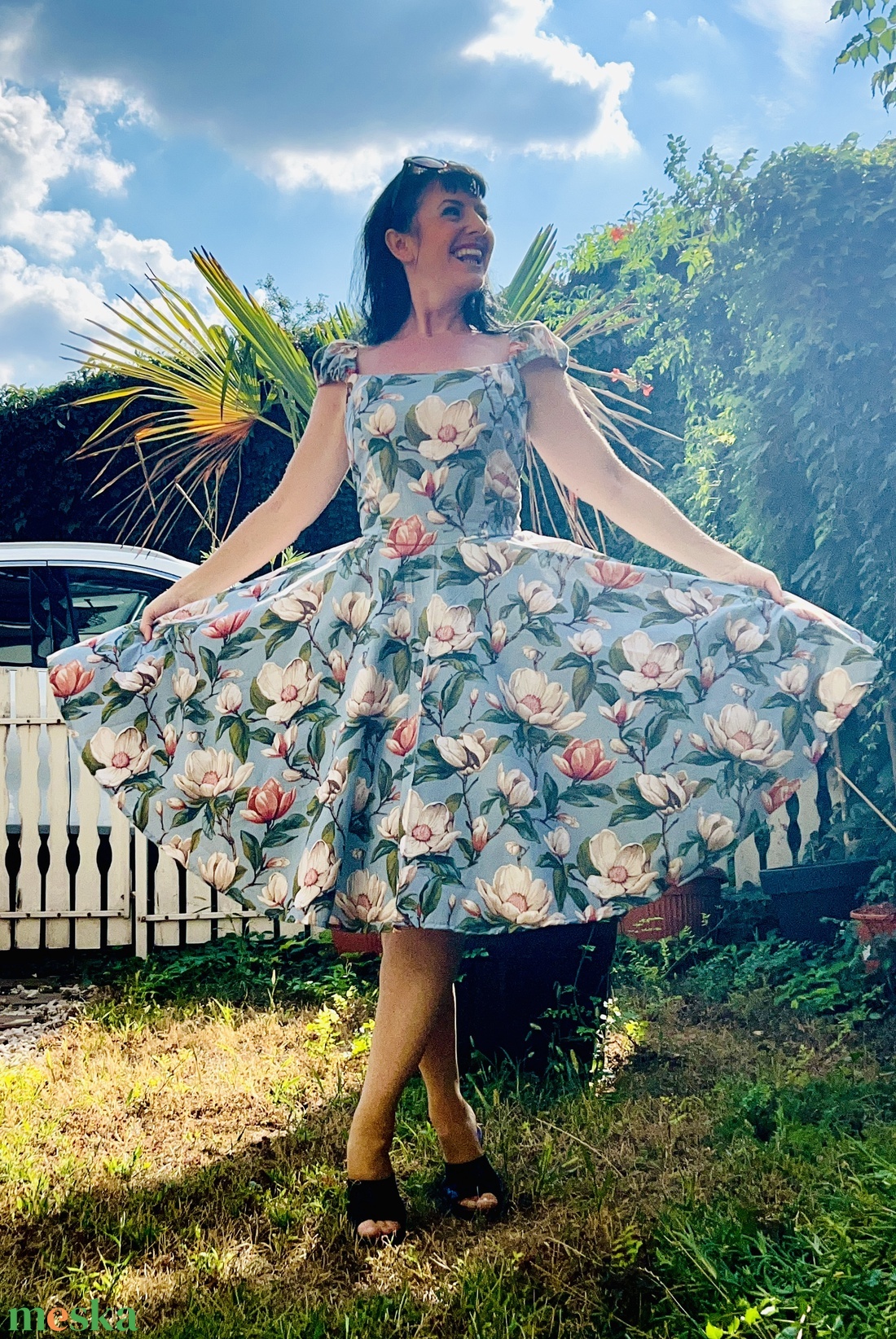 Rockabilly Pinup ruha, Magnolia kék alapon virág,  - ruha & divat - női ruha - ruha - Meska.hu