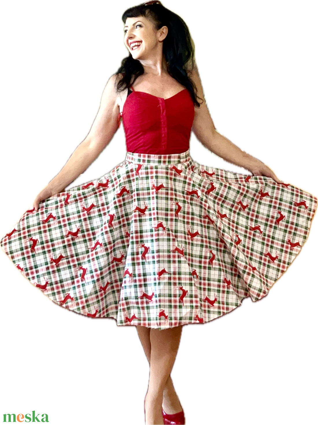 Pinup Rockabilly szoknya Mikulasvirag Vintage retro karácsonyi mintás  - ruha & divat - női ruha - szoknya - Meska.hu