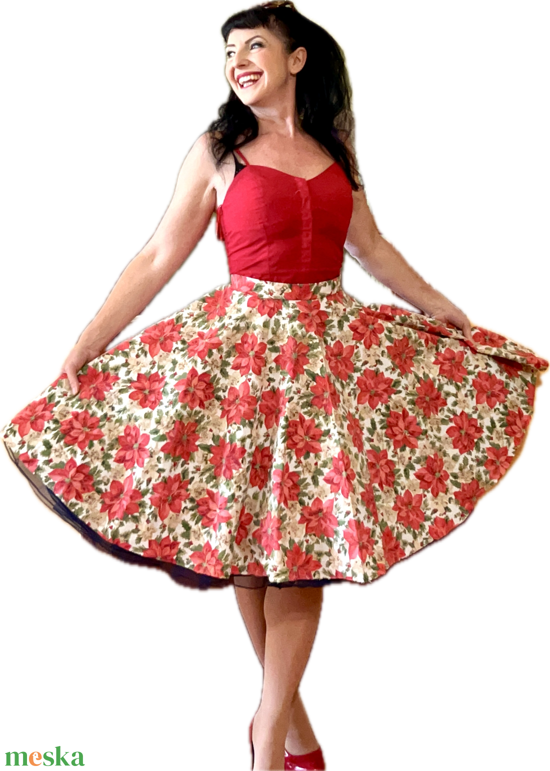 Pinup Rockabilly szoknya Mikulasvirag Vintage retro karácsonyi mintás  - ruha & divat - női ruha - szoknya - Meska.hu