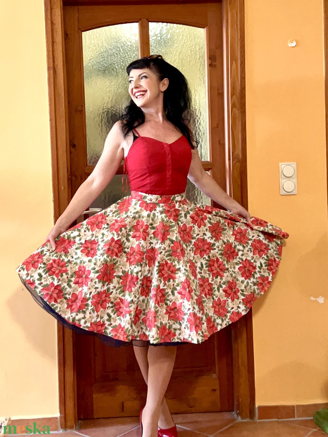 Pinup Rockabilly szoknya Mikulasvirag Vintage retro karácsonyi mintás  - ruha & divat - női ruha - szoknya - Meska.hu