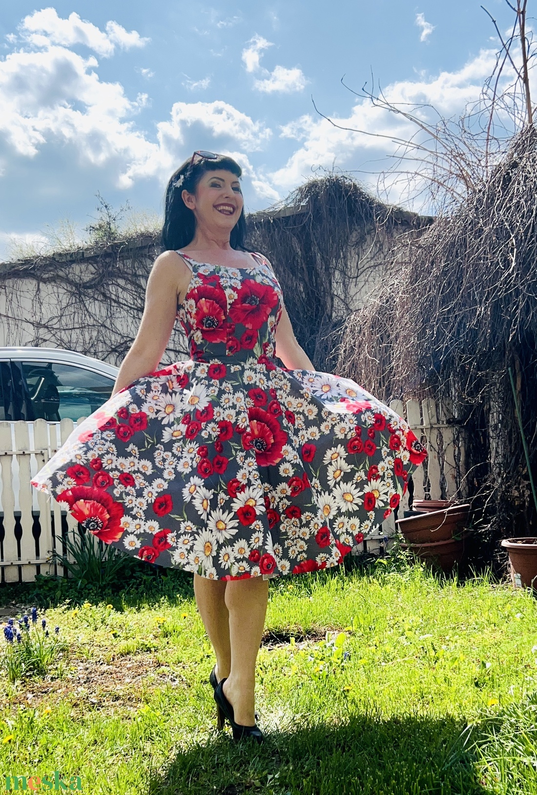 Pinup Rockabilly ruha pipacs és százszorszép margarétamintás, pipacsos virágos  - ruha & divat - női ruha - ruha - Meska.hu