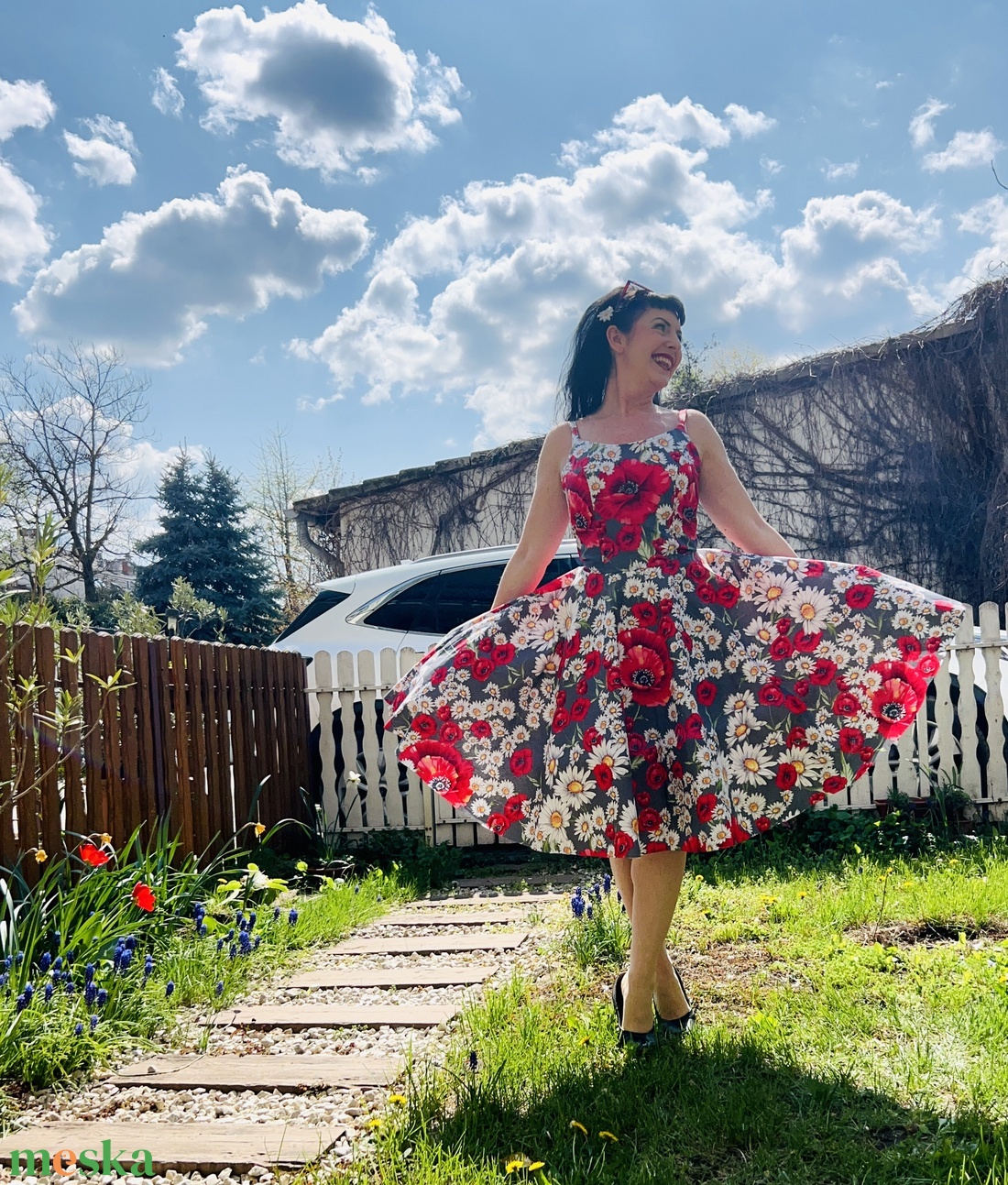 Pinup Rockabilly ruha pipacs és százszorszép margarétamintás, pipacsos virágos  - ruha & divat - női ruha - ruha - Meska.hu