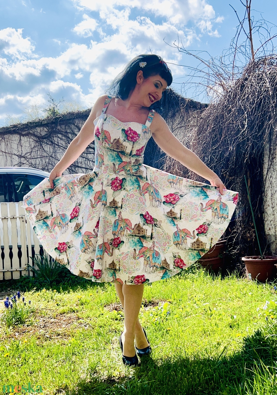 Pinup Rockabilly ruha indiai Taj Mahal, elefánt és lótusz mintas - ruha & divat - női ruha - ruha - Meska.hu Pinup Rockabilly ruha indiai Taj Mahal, elefánt és lótusz mintas - ruha & divat - női ruha - ruha - Meska.hu