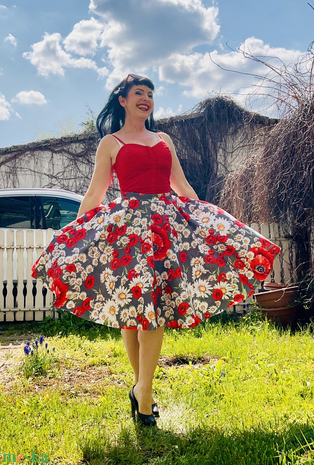 Pinup retro Rockabilly pipacsos százszorszép margaréta mintás szoknya - ruha & divat - női ruha - szoknya - Meska.hu