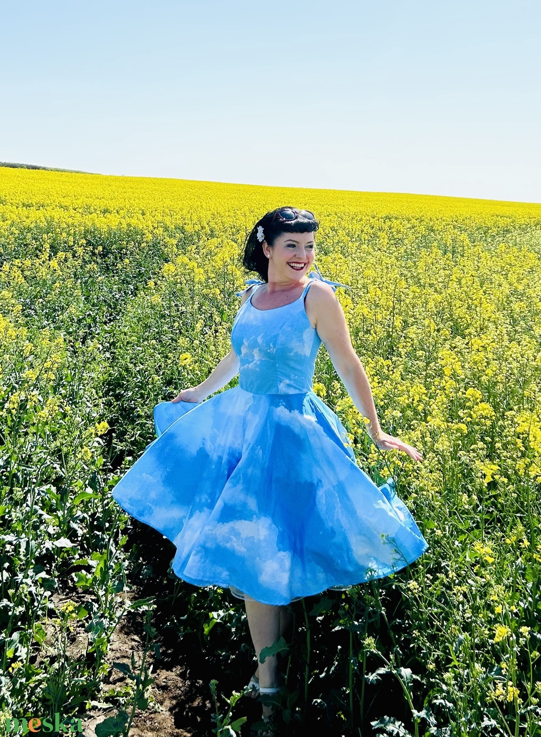 Pinup Rockabilly ruha, látványos felhő, kék ég mintával tavasz - ruha & divat - női ruha - ruha - Meska.hu