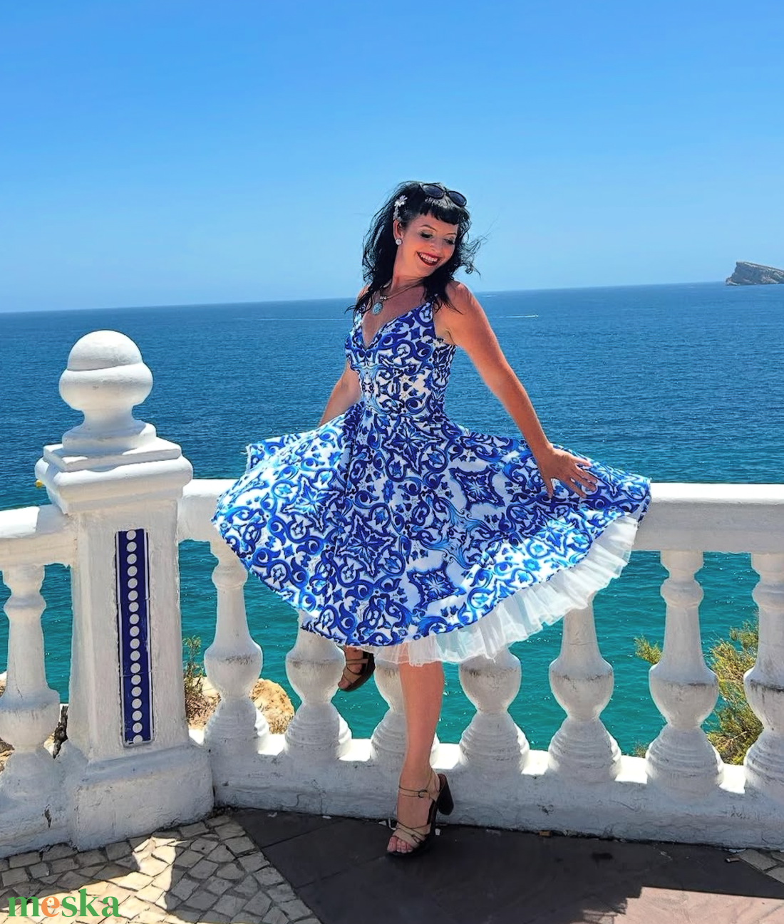Pinup Rockabilly ruha, kék majolika csempe azulejo mailoca, csempe mintás  - ruha & divat - női ruha - ruha - Meska.hu