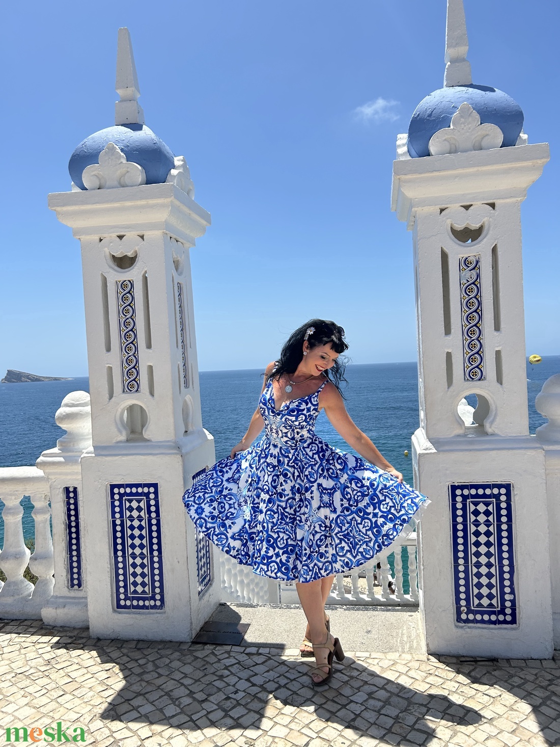 Pinup Rockabilly ruha, kék majolika csempe azulejo mailoca, csempe mintás  - ruha & divat - női ruha - ruha - Meska.hu
