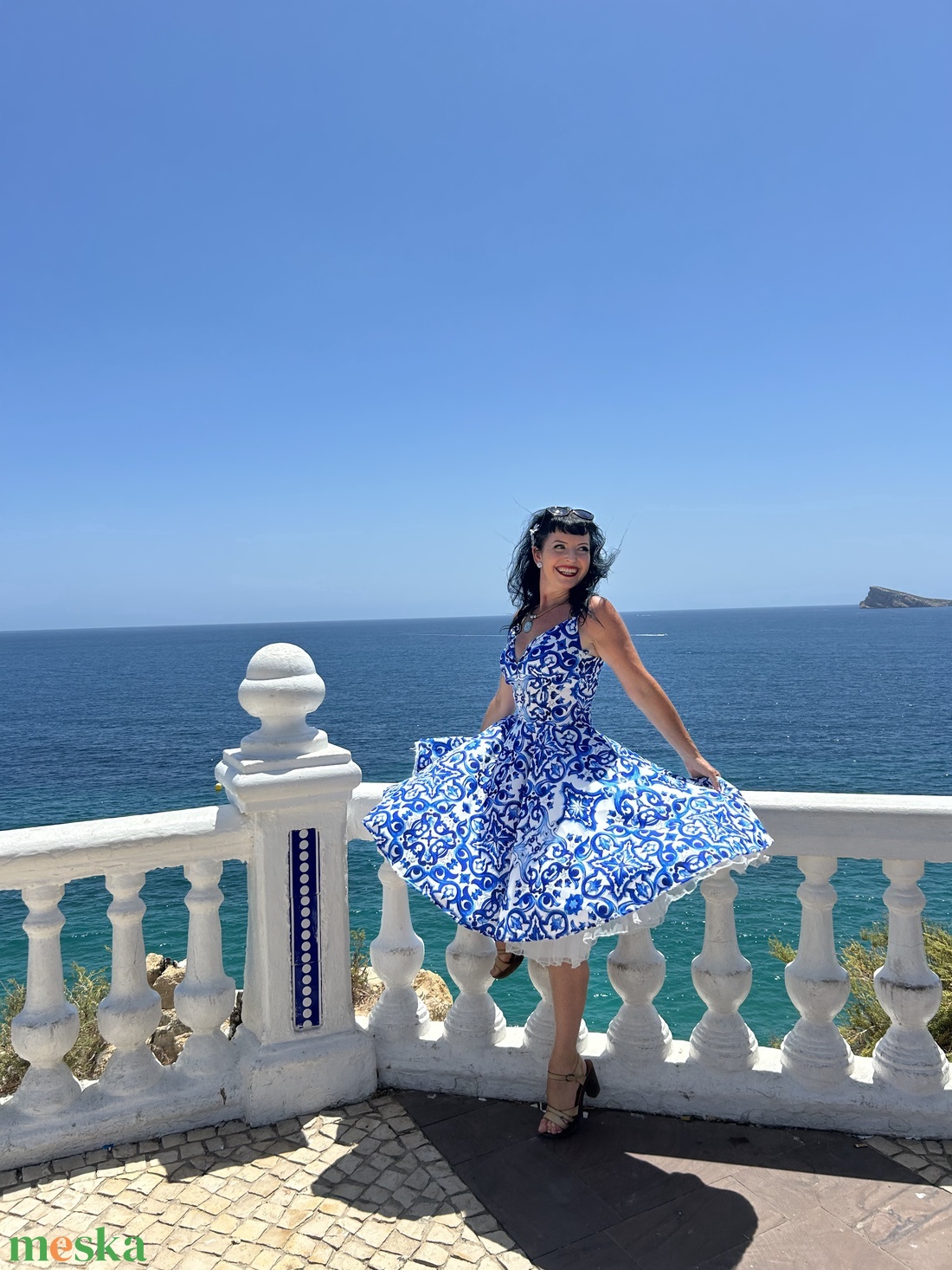 Pinup Rockabilly ruha, kék majolika csempe azulejo mailoca, csempe mintás  - ruha & divat - női ruha - ruha - Meska.hu