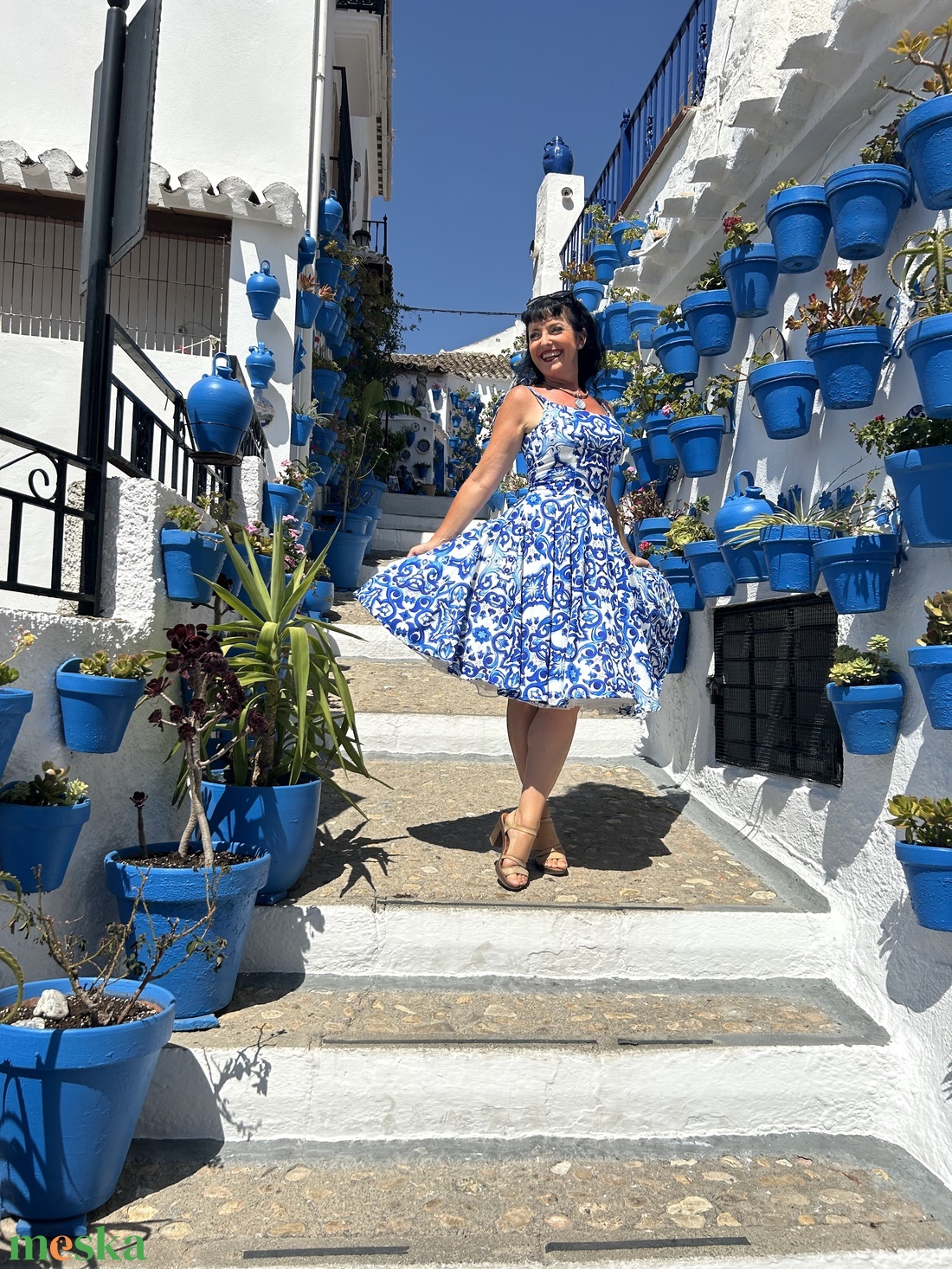 Pinup Rockabilly ruha, kék majolika csempe azulejo mailoca, csempe mintás  - ruha & divat - női ruha - ruha - Meska.hu
