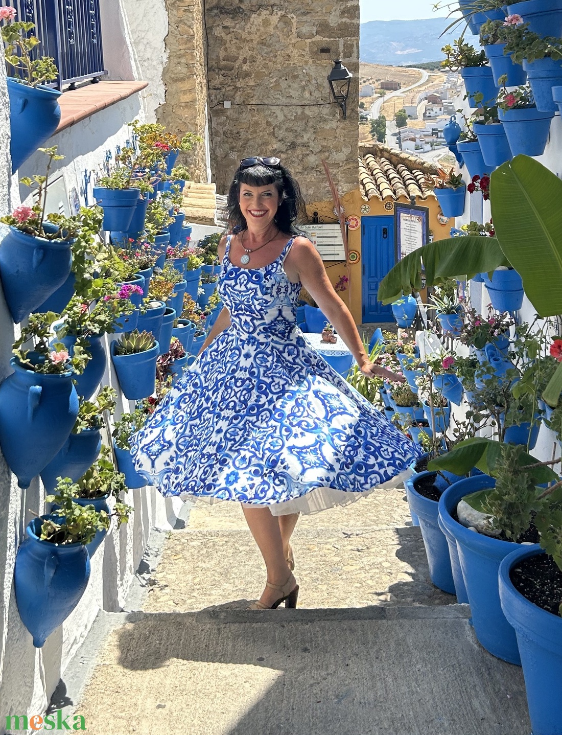 Pinup Rockabilly ruha, kék majolika csempe azulejo mailoca, csempe mintás  - ruha & divat - női ruha - ruha - Meska.hu