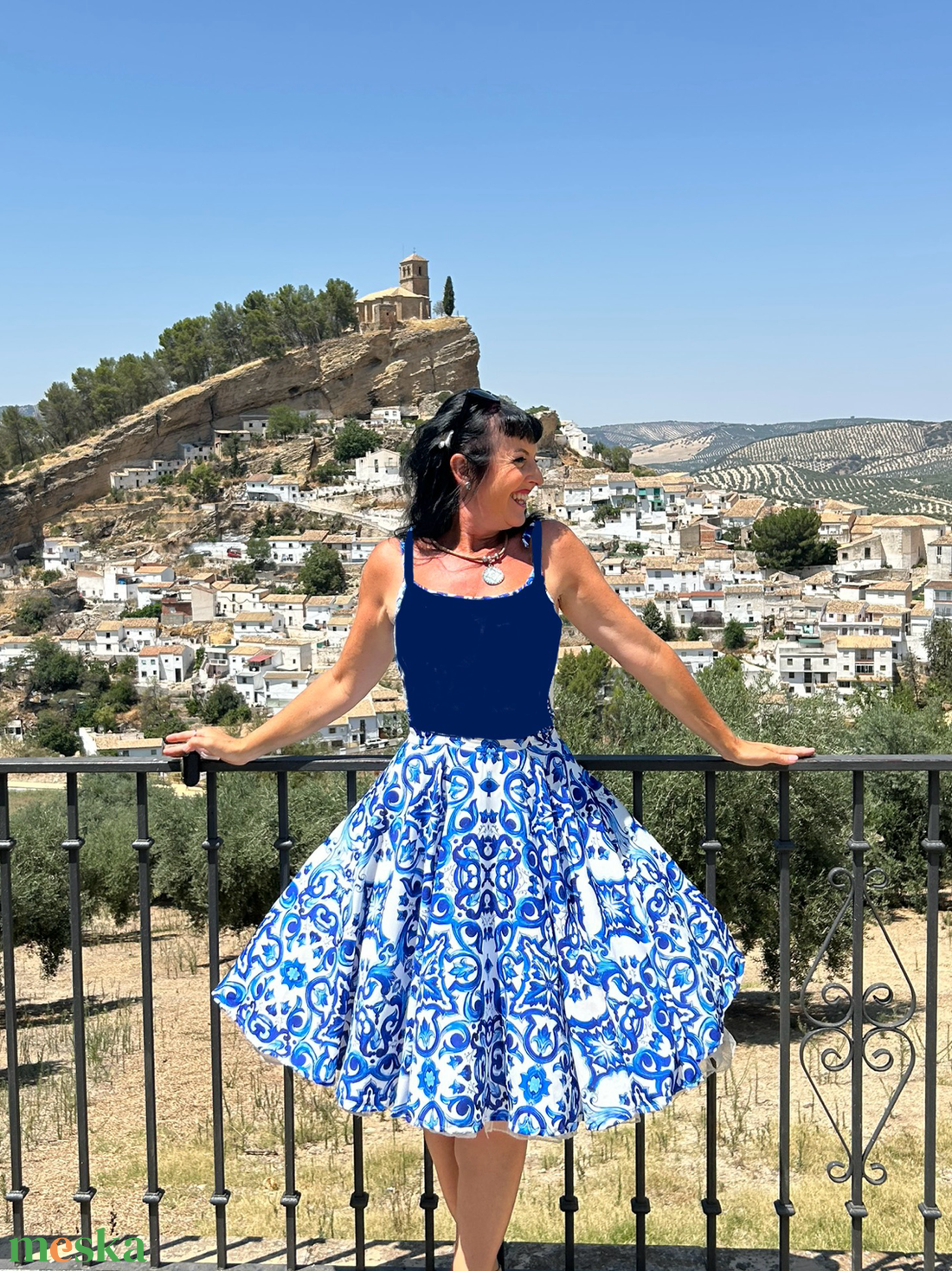 Pinup Rockabilly ruha, kék majolika csempe azulejo mailoca, csempe mintás  - ruha & divat - női ruha - szoknya - Meska.hu