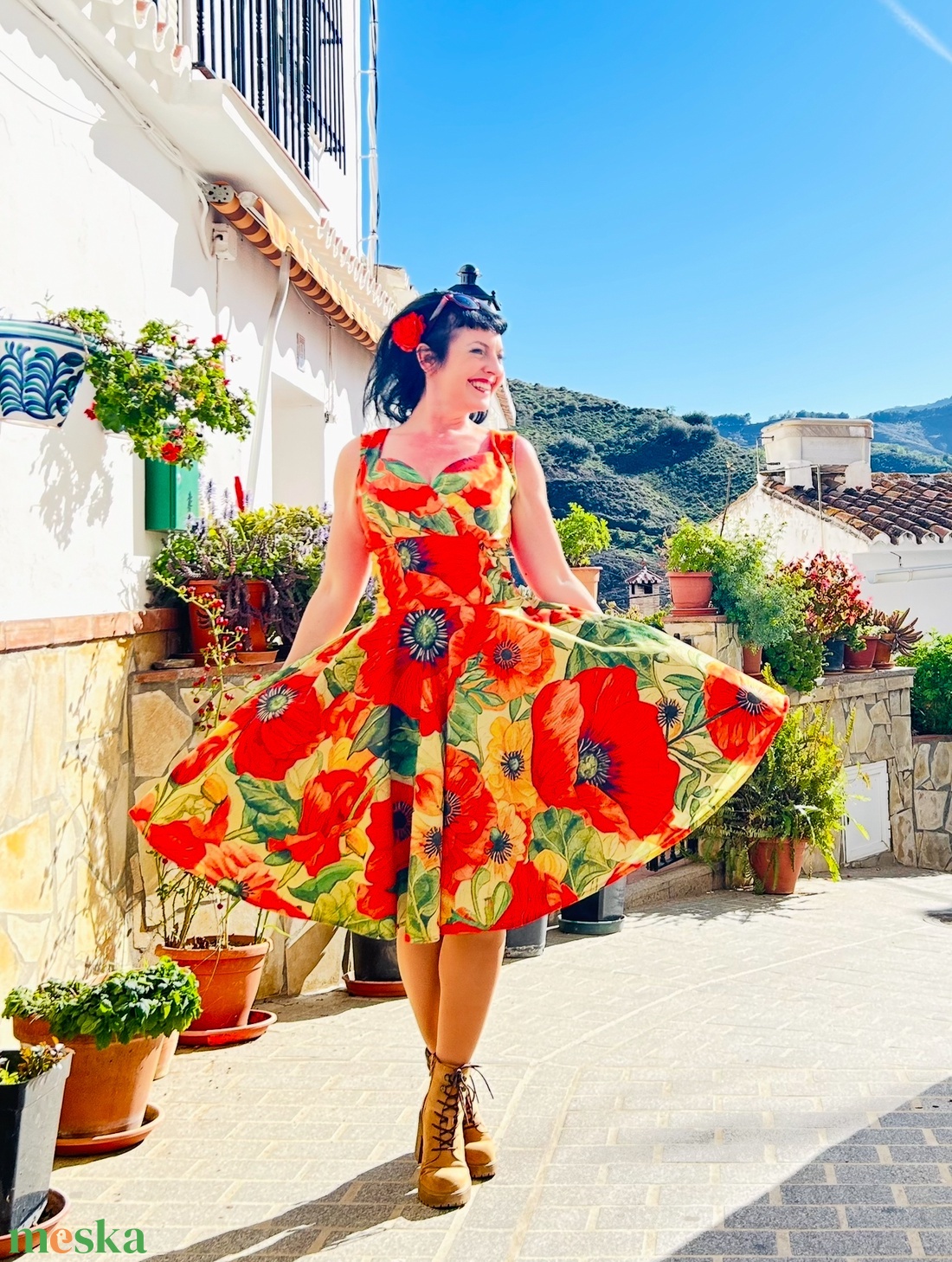 Pinup Rockabilly ruha, LIMITÁLT bársony pipacs mintás  - ruha & divat - női ruha - ruha - Meska.hu