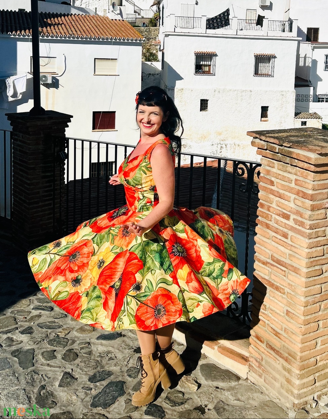 Pinup Rockabilly ruha, LIMITÁLT bársony pipacs mintás  - ruha & divat - női ruha - ruha - Meska.hu