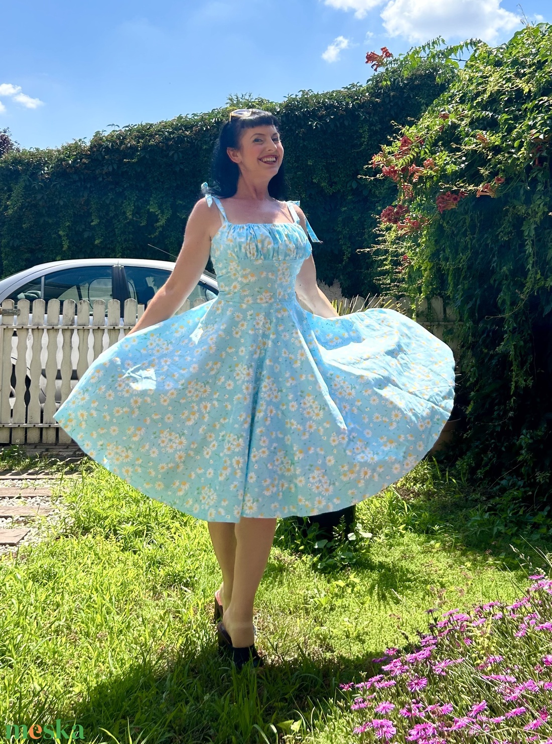Pinup Rockabilly ruha,  százszorszép  margaréta kamilla mintás LIMITÁLT  - ruha & divat - női ruha - ruha - Meska.hu