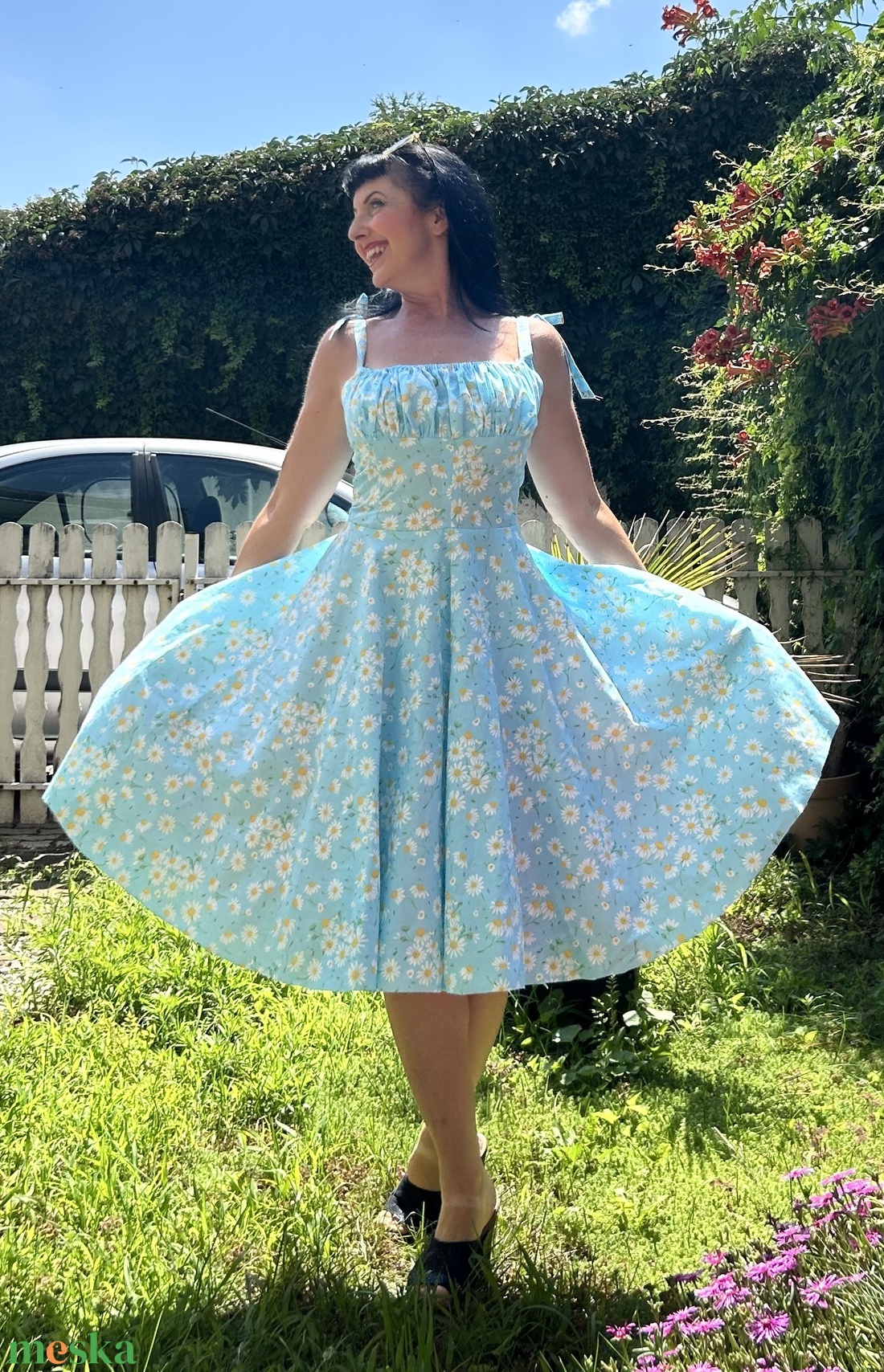 Pinup Rockabilly ruha,  százszorszép  margaréta kamilla mintás LIMITÁLT  - ruha & divat - női ruha - ruha - Meska.hu