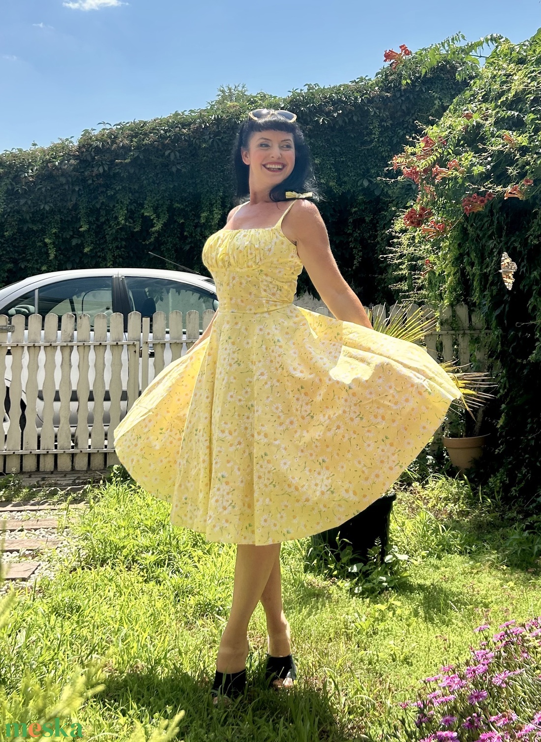 Pinup Rockabilly ruha,  százszorszép  margaréta kamilla mintás LIMITÁLT  - ruha & divat - női ruha - ruha - Meska.hu