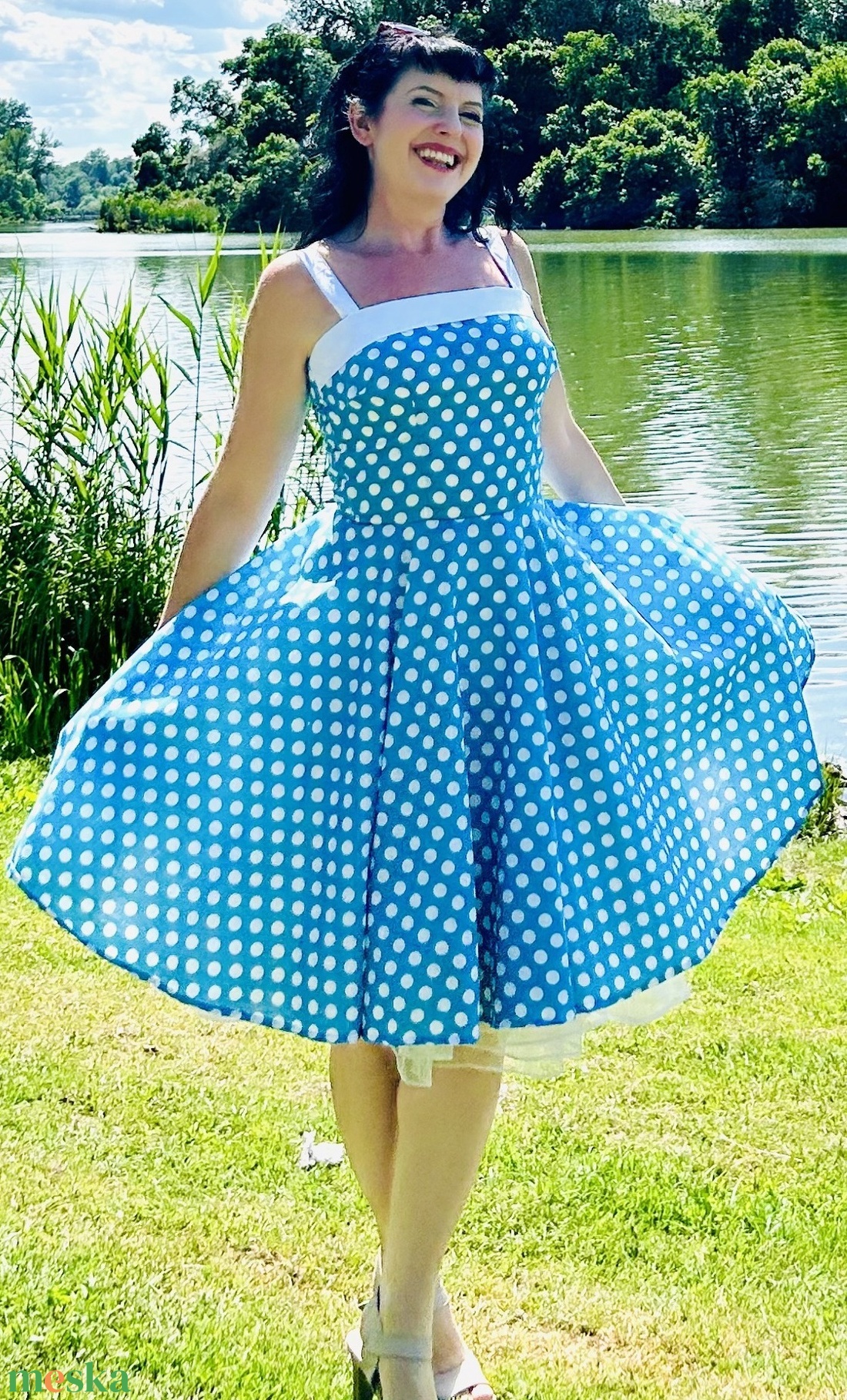 Pinup Rockabilly ruha kék pöttyös  - ruha & divat - női ruha - ruha - Meska.hu