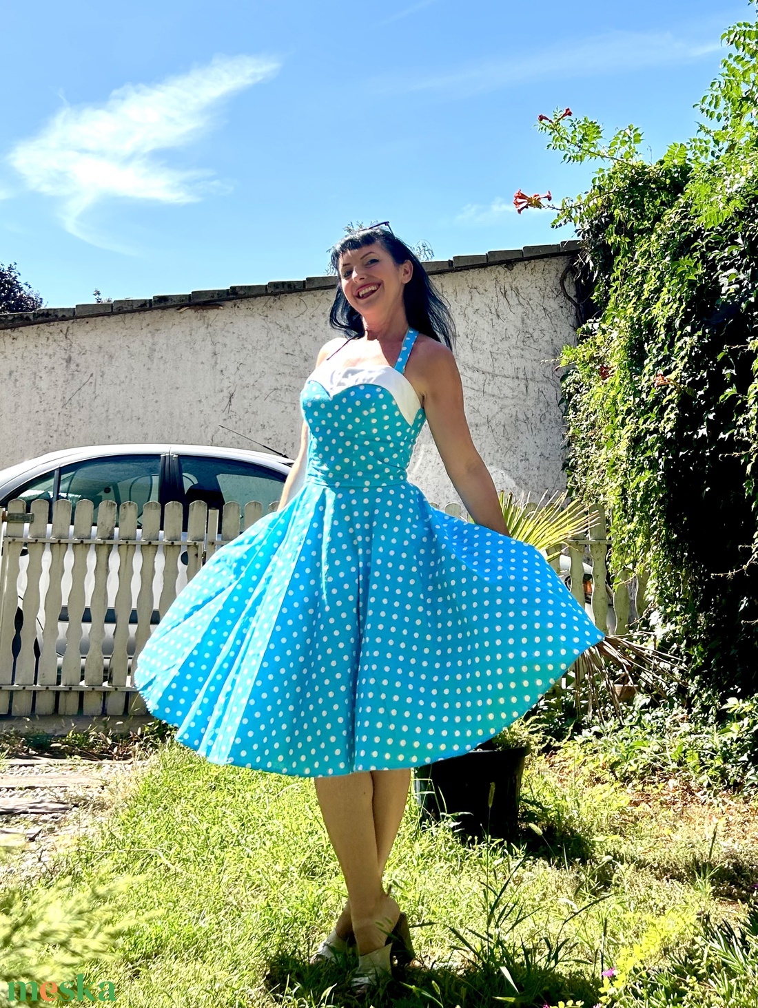 Pinup Rockabilly ruha kék pöttyös  - ruha & divat - női ruha - ruha - Meska.hu