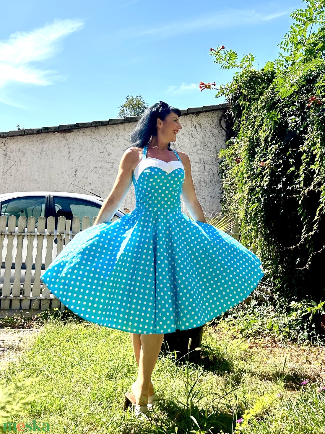 Pinup Rockabilly ruha kék pöttyös  - ruha & divat - női ruha - ruha - Meska.hu