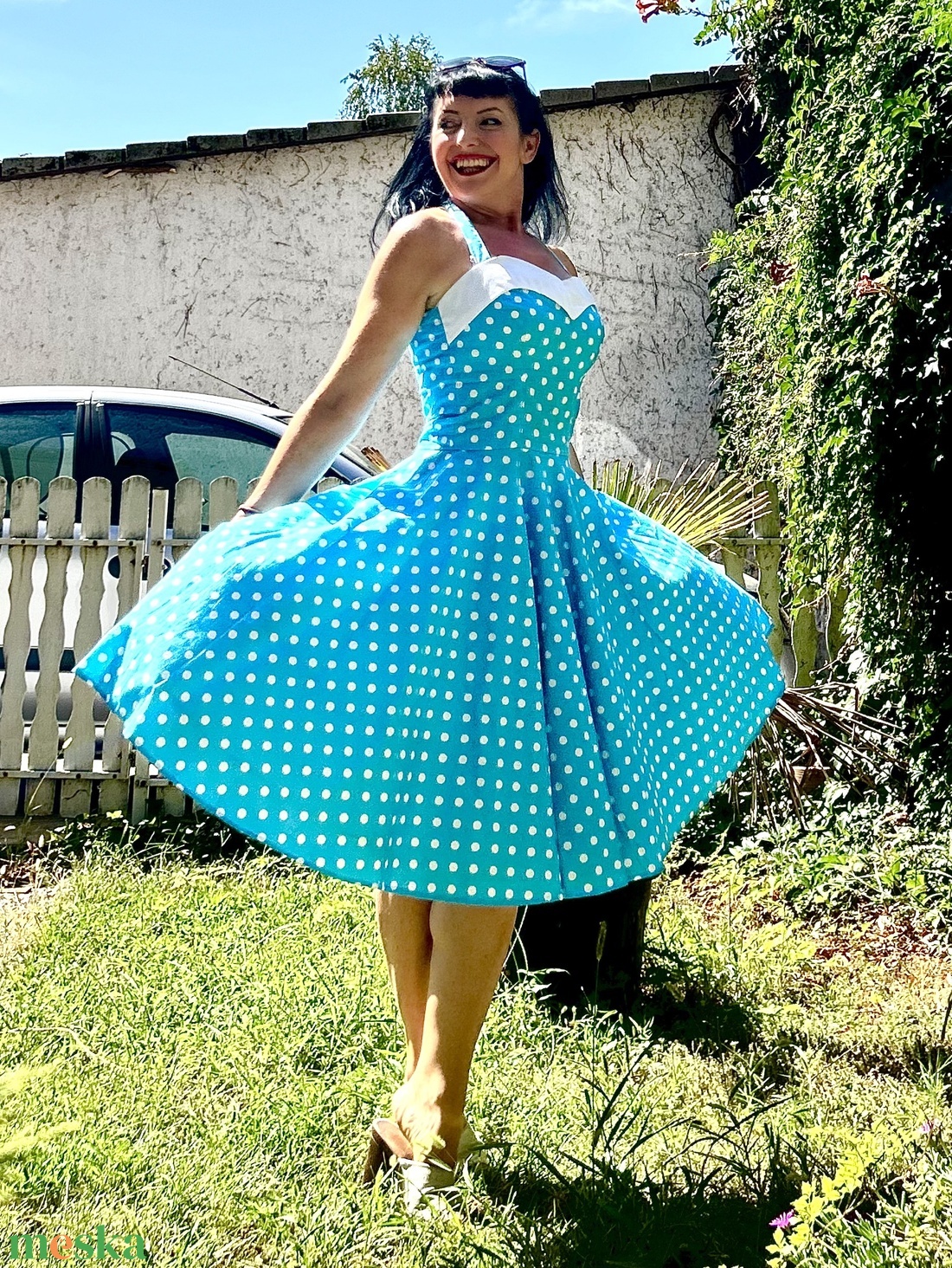 Pinup Rockabilly ruha kék pöttyös  - ruha & divat - női ruha - ruha - Meska.hu