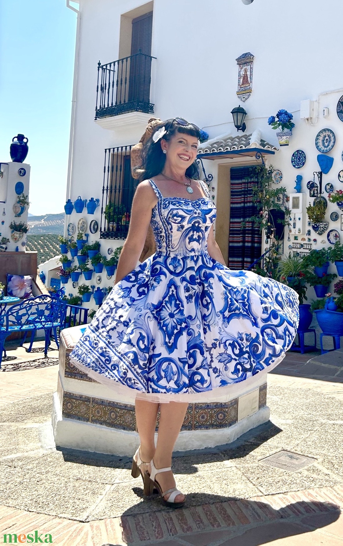 Pinup Rockabilly ruha, kék majolika csempe azulejo mailoca, csempe mintás  - ruha & divat - női ruha - ruha - Meska.hu