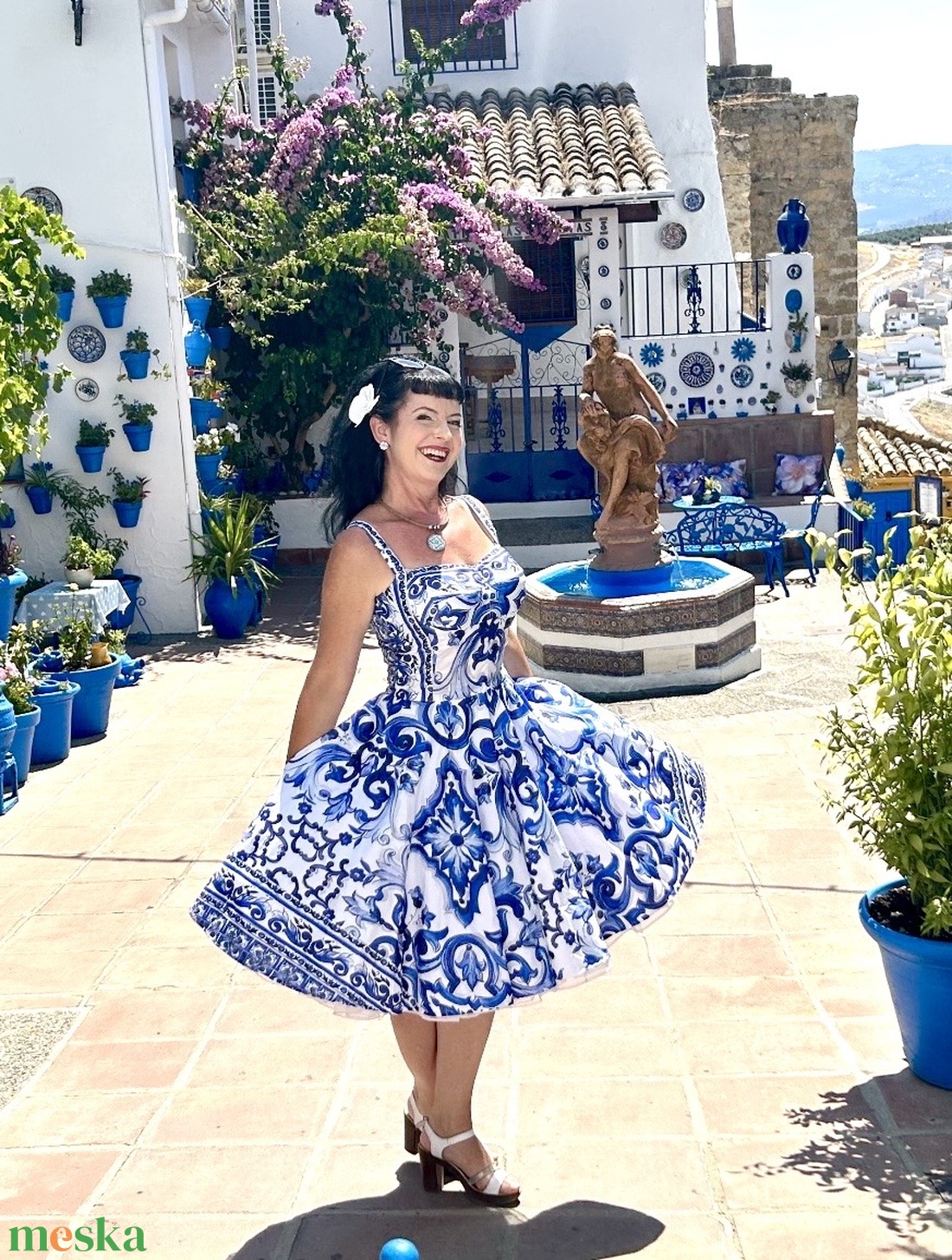 Pinup Rockabilly ruha, kék majolika csempe azulejo mailoca, csempe mintás  - ruha & divat - női ruha - ruha - Meska.hu