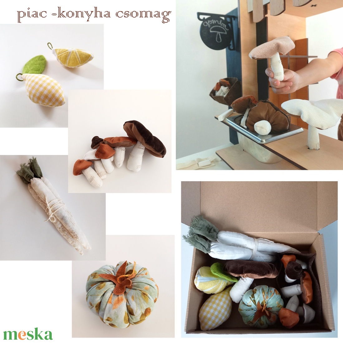 Zöldség csomag - citrom, fehérrépa, sütőtök, gomba - textil játék készlet bevásárló szatyorral - játék & sport - gyerekkonyha - játék ételek - Meska.hu