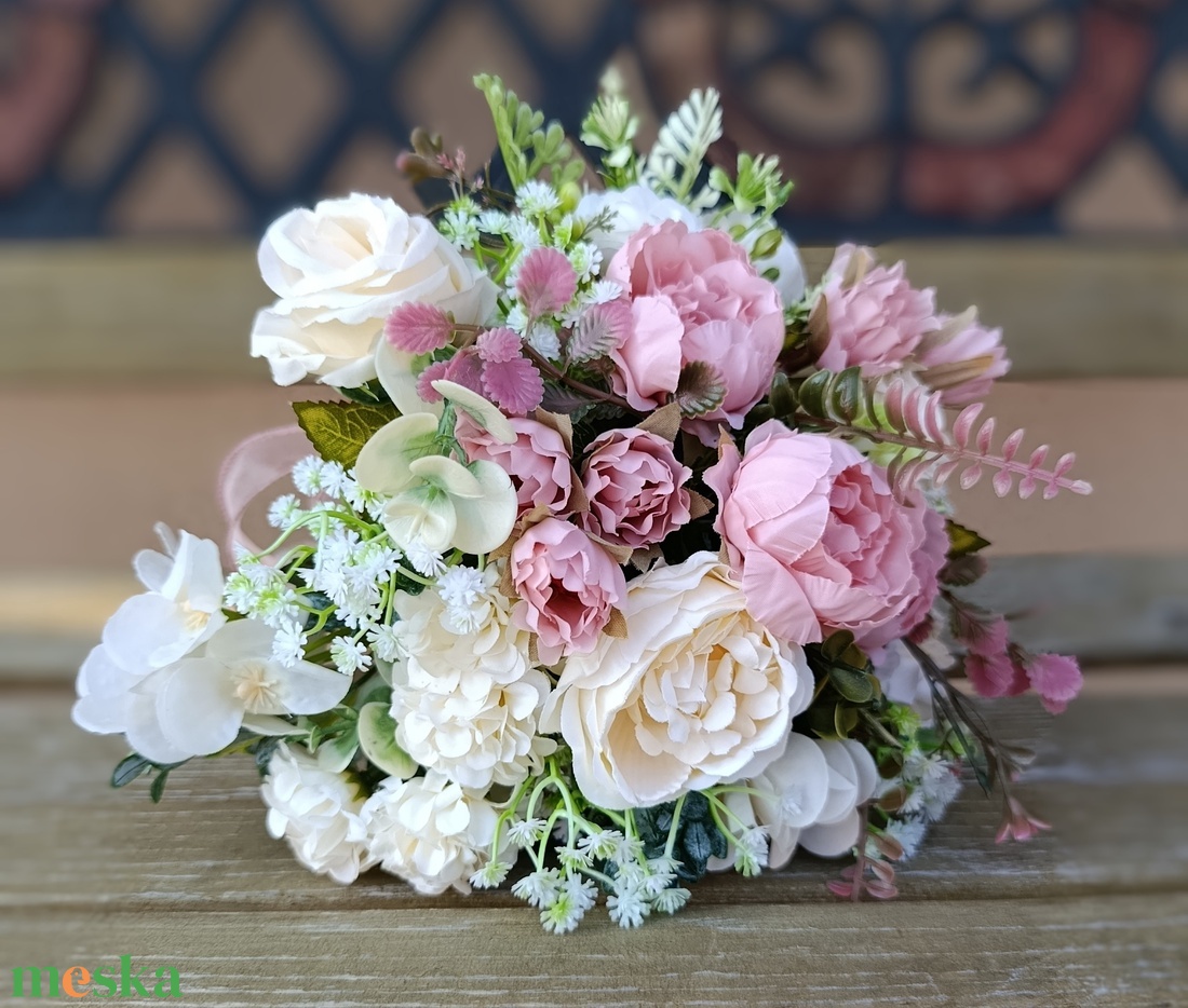 rózsaszín csipkeszalagos örök csokor - esküvő - menyasszonyi- és dobócsokor - Meska.hu