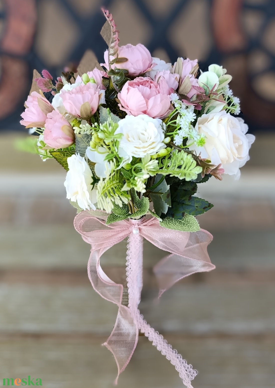 rózsaszín csipkeszalagos örök csokor - esküvő - menyasszonyi- és dobócsokor - Meska.hu