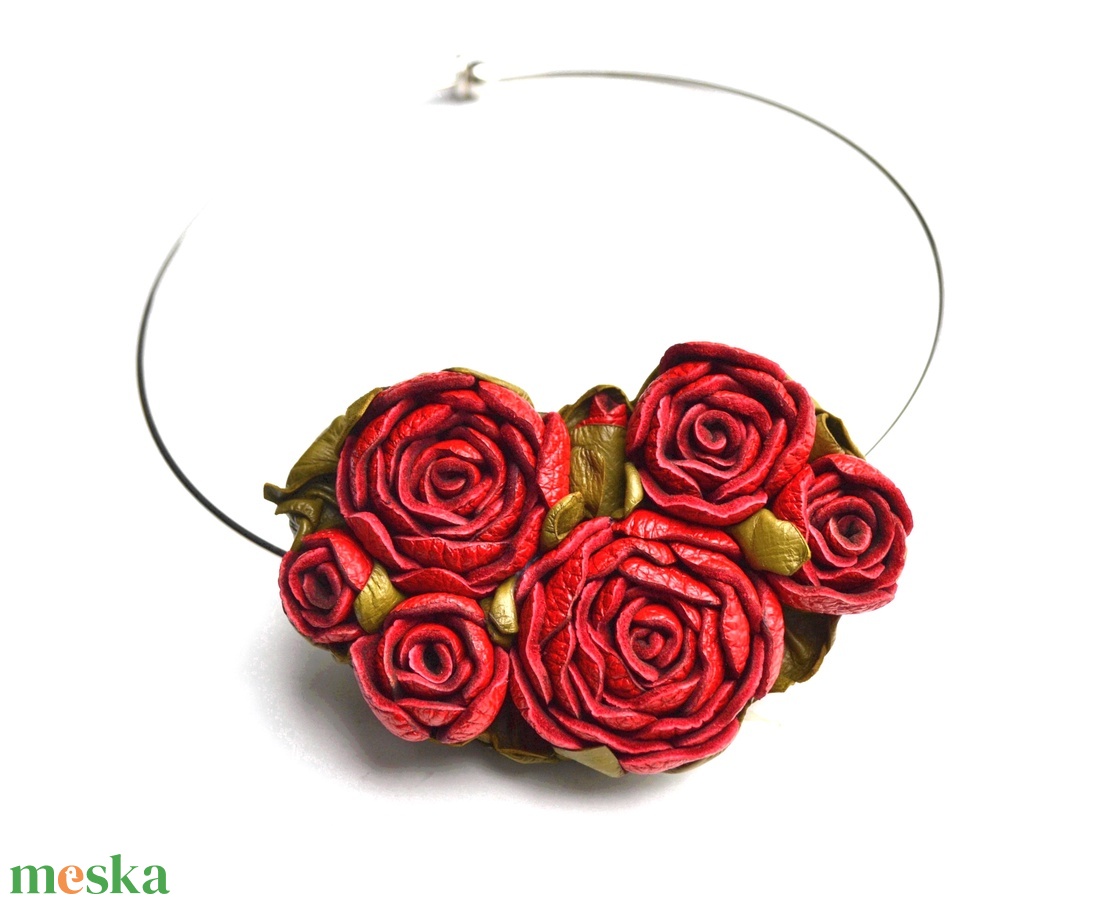 Piros Rózsáim-extra nyakék valódi bőrből - ékszer - nyaklánc - statement nyaklánc - Meska.hu