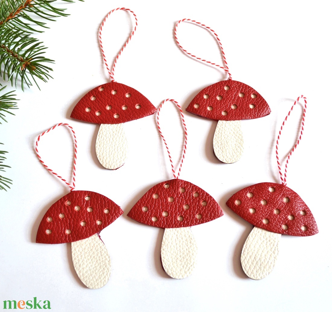 Gombák-karácsonyfadísz csomag valódi bőrből - karácsony - karácsonyi lakásdekoráció - karácsonyfadíszek - Meska.hu