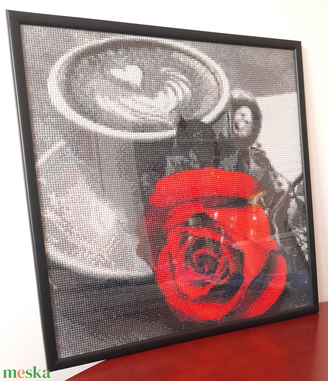 Elegáns rózsa kávéval � 40x40 cm-es gyémántszemes falikép - otthon & életmód - dekoráció - fali és függő dekoráció - falra akasztható dekor - Meska.hu